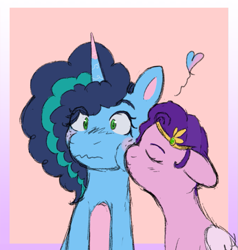 Size: 763x800 | Tagged: safe, artist:briarlight, edit, misty brightdawn, pipp petals, pegasus, pony, unicorn, g5, abstract background, blushing, cheek kiss, cheek squish, cornrows, cropped, cute, duo, duo female, eyes closed, female, flustered, freckles, heart, horn, kissing, lesbian, mare, ship:mistypetals, shipping, squishy cheeks