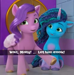 Size: 720x725 | Tagged: safe, edit, edited screencap, screencap, misty brightdawn, pipp petals, pegasus, pony, unicorn, g5, my little pony: make your mark, my little pony: make your mark chapter 2, confused, duo, duo female, eyebrows, female, funny, hold on, horn, let him cook, mane melody (location), mare, protecting, raised eyebrow, raised hoof, sitting, text edit
