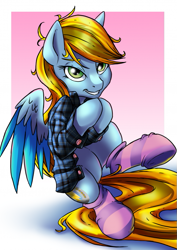 Size: 531x750 | Tagged: safe, artist:sonicpegasus, oc, oc only, oc:lucky bolt, pegasus, pony, bedroom eyes, clothes, commission, cute, female, flannel, flannel shirt, flirting, gradient background, looking at you, mare, messy mane, pegasus oc, pony oc, sitting, socks, solo, striped socks, wings