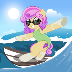 Size: 5000x5000 | Tagged: safe, artist:jhayarr23, oc, oc only, oc:quickdraw, earth pony, pony, bipedal, clothes, cloud, coat markings, commission, curly mane, earth pony oc, ocean, smiling, socks (coat markings), solo, sun, sunglasses, surfing, swimsuit, water, wave, ych result