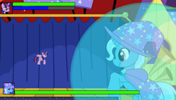 Size: 1706x968 | Tagged: safe, artist:reclusenutcase, trixie, twilight sparkle, alicorn, pony, unicorn, g4, boss battle, duo, explicit source, eye contact, female, flying, force field, game, gameplay, giant pony, horn, lidded eyes, looking at each other, looking at someone, macro, magic, mare, micro, preylight, size difference, smiling, stage, twilight sparkle (alicorn), twilight vs, twipred, video game