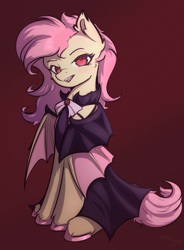 Size: 1250x1700 | Tagged: safe, artist:aterhut, fluttershy, bat pony, pegasus, pony, g4, bat ponified, cape, clothes, collar shirt, female, flutterbat, looking at you, mare, race swap, red background, simple background, sitting, solo, unshorn fetlocks