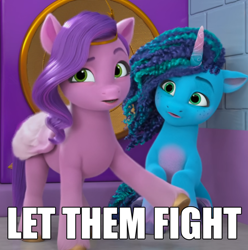 Size: 1444x1455 | Tagged: safe, edit, edited screencap, screencap, misty brightdawn, pipp petals, pegasus, pony, unicorn, g5, hoof done it?, my little pony: make your mark, my little pony: make your mark chapter 2, spoiler:g5, spoiler:my little pony: make your mark, spoiler:my little pony: make your mark chapter 2, spoiler:mymc02e07, cropped, duo, duo female, female, horn, mane melody (location), mare, raised hoof, speaker, text, text edit