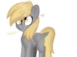 Size: 2700x2000 | Tagged: safe, artist:psychotix, derpy hooves, pegasus, pony, g4, female, mare, missing cutie mark, simple background, smiling, solo, talking, talking to viewer, text, wall eyed, white background, wings