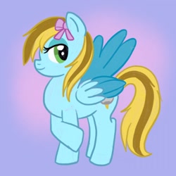 Size: 750x750 | Tagged: safe, artist:mediocremare, oc, oc only, oc:lucky bolt, pegasus, pony, bow, female, gradient background, hair bow, looking at you, mare, pegasus oc, pony oc, solo, standing, wings