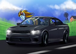 Size: 1000x707 | Tagged: safe, artist:sonicpegasus, oc, oc only, oc:lucky bolt, oc:sliding bolt, pegasus, pony, bow, car, commission, complex background, dodge (car), dodge charger, driving, duo, duo male and female, female, hair bow, happy, highway, male, vehicle, windswept mane