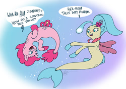 Size: 850x601 | Tagged: safe, artist:animatorwil, pinkie pie, princess skystar, earth pony, seapony (g4), g4, atg 2024, bioluminescent, bubble, dialogue, dorsal fin, duo, duo female, female, fin, fin wings, fins, fish tail, flowing mane, flowing tail, gigglesnort, gradient background, happy, jewelry, laughing, looking at each other, looking at someone, mare, necklace, newbie artist training grounds, ocean, open mouth, open smile, pearl necklace, scales, seaponified, seapony pinkie pie, signature, smiling, smiling at each other, species swap, speech bubble, swimming, tail, that pony sure does love being a seapony, underwater, upside down, water, wings