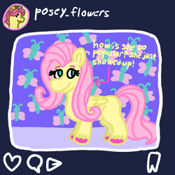 Size: 1000x1000 | Tagged: safe, artist:mintwhistle, fluttershy, posey bloom, butterfly, earth pony, insect, pegasus, pony, g4, g5, atg 2024, bookmark, bow, colored hooves, disguise, disguised changeling, dot eyes, female, folded wings, hair bow, heart, hooves, icon, looking back, mare, medibang paint, missing cutie mark, newbie artist training grounds, no pupils, popular, profile picture, smiling, smug, social media, solo focus, speech bubble, unshorn fetlocks, wings