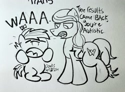 Size: 2047x1510 | Tagged: safe, artist:doodle-doodie-doo, button mash, oc, oc:cream heart, earth pony, pony, g4, autism, colt, comedy, crying, duo, duo male and female, female, foal, male, mare, paper, traditional art