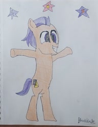 Size: 2604x3395 | Tagged: safe, artist:blackblade360, tender taps, earth pony, pony, g4, 2024, atg 2024, bipedal, colored pencil drawing, colt, foal, happy, implied apple bloom, implied scootaloo, implied sweetie belle, irl, male, newbie artist training grounds, orange coat, paper, photo, pose, purple eyes, purple mane, raised leg, signature, simple background, smiling, solo, stars, symbolism, tail, traditional art, two toned mane, two toned tail