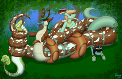 Size: 2631x1697 | Tagged: safe, artist:triksa, oc, oc only, oc:ari, oc:chieftess muyal, oc:kiwin, oc:rune chisel, oc:triksa, deer, lamia, original species, antlers, bodypaint, coils, feather, food, forest, fruit, jungle, kiwi fruit, nature, oral vore, pointing, scared, struggling, tail, tail sticking out, tree, unwilling prey, unwilling vore, vore