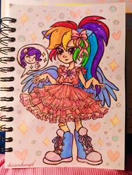 Size: 3000x4000 | Tagged: safe, artist:dariarchangel, rainbow dash, rarity, human, equestria girls, g4, bandaid, boots, bow, clothes, cute, dashabetes, dress, duo, duo female, eared humanization, female, floppy ears, human coloration, humanized, multicolored hair, photo, pink dress, ponytail, rainbow dash always dresses in style, rainbow dash is not amused, rainbow hair, raribetes, rarity being rarity, shoes, traditional art, unamused, winged humanization, wings
