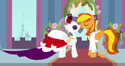 Size: 4607x2446 | Tagged: safe, artist:xxblue-shy-gamersxx, oc, oc only, oc:firey ratchet, oc:oliver spade, pegasus, g4, bride, clothes, dress, duo, duo male and female, female, groom, kissing, male, marriage, straight, suit, wedding, wedding dress
