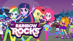 Size: 2560x1440 | Tagged: safe, artist:qbert2kcat, adagio dazzle, applejack, aria blaze, dj pon-3, pinkie pie, rainbow dash, sonata dusk, twilight sparkle, vinyl scratch, human, equestria girls, g4, my little pony equestria girls: rainbow rocks, bass guitar, electric guitar, female, guitar, musical instrument, stage, the dazzlings