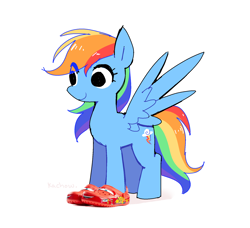 Size: 1798x1643 | Tagged: safe, artist:syrupyyy, rainbow dash, pegasus, pony, g4, colored, crocs, eye clipping through hair, female, flat colors, hoof shoes, lightning mcqueen, mare, no catchlights, no iris, no thoughts head empty, simple background, smiling, solo, spread wings, standing, white background, wings