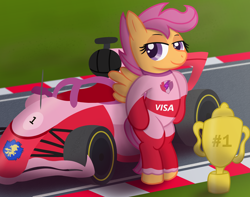 Size: 3500x2763 | Tagged: safe, artist:sweetielover, scootaloo, pegasus, pony, g4, atg 2024, bipedal, car, clothes, cup, cutie mark crusaders, cutie mark on clothes, female, formula 1, high res, newbie artist training grounds, racing suit, solo, spread wings, standing, track, trophy, wings