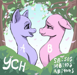 Size: 1946x1893 | Tagged: safe, artist:dana_amurka, earth pony, pony, bush, commission, duo, falling leaves, female, floppy ears, flower, flower petals, leaves, looking at each other, looking at someone, mare, open mouth, open smile, outdoors, smiling, tree, your character here