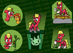 Size: 1600x1150 | Tagged: safe, artist:ebbysharp, plucky pumpkin, sprout cloverleaf, earth pony, pony, g5, my little pony: a new generation, angry mob, atg 2024, coat markings, corn, danger danger, duo, female, filly, floppy ears, foal, food, gritted teeth, grumpy, ice cream, ice cream cone, ice cream horn, male, megaphone, microphone, newbie artist training grounds, open mouth, open smile, podium, sash, smiling, socks (coat markings), stallion, teeth, unamused
