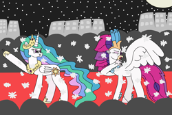 Size: 2835x1901 | Tagged: safe, artist:supahdonarudo, princess celestia, queen novo, alicorn, classical hippogriff, hippogriff, pony, g4, atg 2024, camera flashes, carpet, city, cityscape, crowd, duo, duo female, famous, female, mare, moon, newbie artist training grounds, night, one eye closed, queen novo is not amused, red carpet, unamused, waving