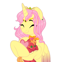 Size: 1828x2000 | Tagged: safe, alternate version, artist:vi45, big macintosh, fluttershy, oc, oc only, oc:princess fluttershy, alicorn, pony, 2024 community collab, au:friendship is kindness, derpibooru community collaboration, g4, alicorn oc, alicornified, alpha channel, alternate design, alternate hairstyle, alternate universe, commission, doll, element of kindness, eyes closed, female, fluttercorn, gift giving, hearts and hooves day, horn, jewelry, letter, love letter, male, mare, race swap, ship:fluttermac, shipping, simple background, smiling, solo, straight, tiara, toy, transparent background, wings, ych result