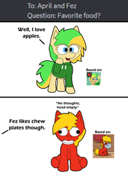 Size: 580x784 | Tagged: safe, artist:elianrandomworks, oc, oc only, oc:april, oc:fez, earth pony, pony, pony town, spoiler:comic, ask, duo, simple background, solo, white background