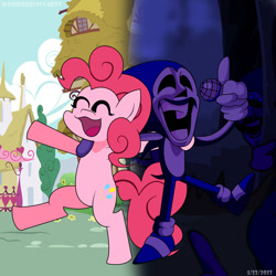 Size: 1280x1280 | Tagged: safe, artist:michaelsegura, pinkie pie, earth pony, pony, g4, bipedal, clothes, crossover, duo, duo male and female, eyes closed, eyes open, female, forest, forest background, friday night funkin', fun is infinite, funkin' is magic, gloves, majin, majin sonic, male, mare, microphone, nature, open mouth, open smile, ponyville, shoes, smiling, sonic cd, sonic the hedgehog, sonic the hedgehog (series), teeth, tree, video game, video game crossover