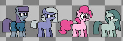Size: 1280x432 | Tagged: safe, artist:randomguy20034, limestone pie, marble pie, maud pie, pinkie pie, earth pony, pony, g4, female, frown, gray background, mare, missing cutie mark, pie sisters, pixel art, pizza tower, sad, siblings, simple background, sisters, smiling, sprite