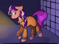 Size: 1920x1436 | Tagged: safe, artist:chaoticcr0w, sunny starscout, g5, clothes, commissioner:rainbowdash69, cuffed, cuffs, jumpsuit, never doubt rainbowdash69's involvement, prison outfit, prisoner, prisoner ss, shackles, solo