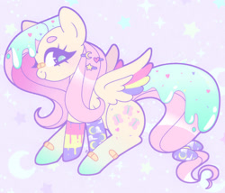 Size: 1582x1353 | Tagged: safe, artist:vivian reed, fluttershy, pegasus, pony, g4, bandaid, bandaid on nose, bow, clothes, cute, female, food, frosting, gradient legs, hairclip, looking back, mare, pastel, shyabetes, smiling, socks, solo, striped socks, tail, tail bow