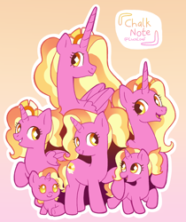 Size: 1524x1816 | Tagged: safe, artist:chalk_note, luster dawn, alicorn, pony, unicorn, g4, alicornified, female, filly, filly luster dawn, foal, gradient background, horn, looking at each other, looking at someone, lotster dawn, lustercorn, mare, multeity, older luster dawn, race swap, raised hoof, signature, sitting, smiling, smiling at each other, solo, species swap, standing