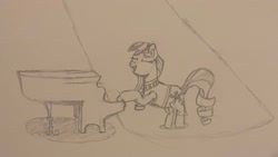 Size: 2660x1496 | Tagged: safe, artist:supersonicrainboom, derpibooru exclusive, coloratura, earth pony, g4, atg 2024, clothes, eyes closed, female, musical instrument, newbie artist training grounds, piano, see-through, singing, solo, traditional art