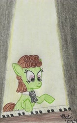 Size: 2493x3946 | Tagged: safe, artist:opti, oc, oc only, oc:broadside barb, earth pony, pony, atg 2024, female, musical instrument, newbie artist training grounds, piano, solo, spotlight, traditional art