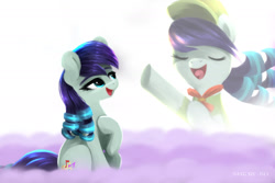 Size: 2400x1600 | Tagged: safe, artist:darksly, coloratura, earth pony, pony, g4, the mane attraction, atg 2024, baseball cap, camper, cap, female, filly, foal, hat, hoof on chest, mare, neckerchief, newbie artist training grounds, open mouth, open smile, rara, simple background, singing, smiling, solo, white background