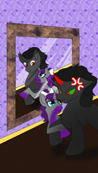 Size: 1080x1920 | Tagged: safe, artist:lullabyjak, king sombra, oc, oc:umbre, unicorn, colt, colt sombra, cover art, female, filly, foal, horn, male, mirror, reflection