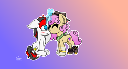 Size: 7920x4320 | Tagged: safe, artist:nhzahlin, oc, oc only, oc:quickdraw, oc:starforce fireline, pony, unicorn, boots, coat markings, commissioner:dhs, cowboy boots, cowboy hat, duo, female, freckles, gradient background, handkerchief, hat, heart, hoof ring, horn, magic, magic aura, mare, pony oc, shoes, socks (coat markings), unicorn oc