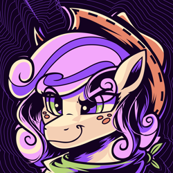 Size: 3000x3000 | Tagged: safe, artist:poxy_boxy, oc, oc only, oc:quickdraw, abstract background, commissioner:dhs, cowboy hat, eyebrows, freckles, handkerchief, hat, raised eyebrow, smiling, smirk, smug, solo