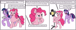 Size: 10000x4014 | Tagged: safe, artist:termyotter, pinkie pie, twilight sparkle, alicorn, earth pony, pony, g4, atg 2024, bipedal, breaking the fourth wall, confused, dialogue, duo, duo female, female, fourth wall, mare, newbie artist training grounds, open mouth, open smile, smiling, speech bubble, spotlight, twilight sparkle (alicorn)