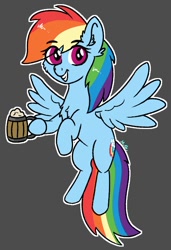 Size: 452x659 | Tagged: safe, artist:harmonic_glow, rainbow dash, pegasus, pony, g4, apple cider, cider, cider mug, eye clipping through hair, eyebrows, eyebrows visible through hair, female, flying, foam, gray background, looking at you, mare, mug, signature, simple background, smiling, smiling at you, solo, spread wings, that pony sure does love cider, wings