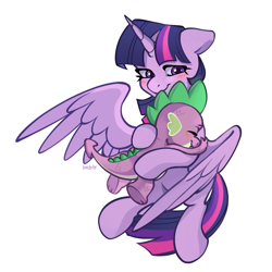 Size: 945x945 | Tagged: safe, artist:imbir, spike, twilight sparkle, alicorn, dragon, pony, g4, blushing, cute, duo, duo male and female, eyes closed, female, horn, hug, male, mama twilight, mare, simple background, smiling, spikabetes, spikelove, spread wings, tail, twiabetes, twilight sparkle (alicorn), white background, wholesome, wings
