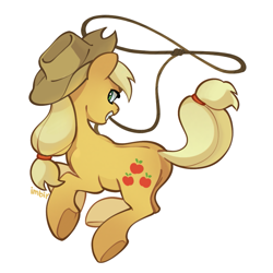 Size: 945x945 | Tagged: safe, artist:imbir, applejack, earth pony, pony, g4, applejack's hat, cowboy hat, female, hat, lasso, looking at you, looking back, looking back at you, mare, mouth hold, rope, simple background, solo, tail, underhoof, white background