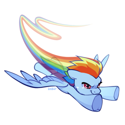 Size: 945x945 | Tagged: safe, artist:imbir, rainbow dash, pegasus, pony, g4, female, flying, mare, rainbow trail, simple background, solo, spread wings, tail, teary eyes, underhoof, white background, wings