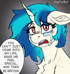 Size: 1302x1378 | Tagged: safe, artist:reddthebat, dj pon-3, vinyl scratch, pony, unicorn, g4, blush lines, blushing, britavia, british, bust, chest fluff, colored sketch, crying, dialogue, ear fluff, eyebrows, eyebrows visible through hair, eyelashes, female, floppy ears, fluffy, gradient background, horn, implied lesbian, implied octavia melody, implied scratchtavia, implied shipping, looking at you, mare, meme, missing accessory, narrowed eyes, no glasses, open mouth, sad, signature, sketch, solo, speech bubble, talking to viewer, text
