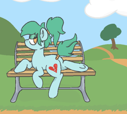 Size: 952x855 | Tagged: safe, artist:orchard onlooker, oc, oc only, earth pony, pony, bench, butt, dirt road, earth pony oc, looking over shoulder, lying down, park bench, plot, prone, solo, tail, tail wrap, tree, underhoof