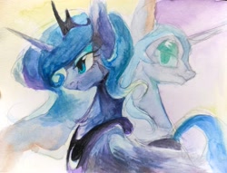 Size: 3817x2916 | Tagged: safe, artist:unclechai, nightmare moon, princess luna, alicorn, pony, g4, crown, female, jewelry, looking at someone, regalia, traditional art, watercolor painting