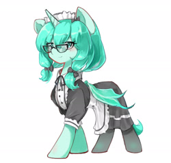 Size: 2055x1954 | Tagged: safe, artist:窝牛牛, oc, oc only, pony, unicorn, clothes, glasses, horn, maid, simple background, socks, solo, white background