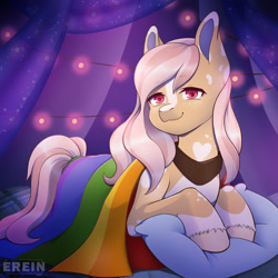 Size: 2000x2000 | Tagged: safe, alternate character, alternate version, artist:erein, oc, oc only, oc:peachy snaps, earth pony, pony, bedroom, commission, ears up, earth pony oc, flag, freckles, garland, gay pride flag, high res, indoors, lgbt, looking at you, night, pillow, pride, pride flag, pride month, room, smiling, smiling at you, solo, string lights, tail, unshorn fetlocks, ych result