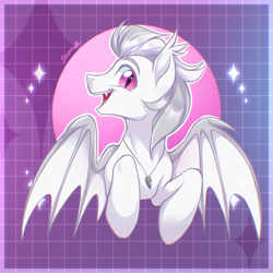 Size: 3000x3000 | Tagged: safe, artist:seurnik, oc, oc only, oc:nobrony, bat pony, abstract background, bat wings, fangs, gradient background, jewelry, male, solo, stallion, wings