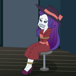 Size: 2000x2000 | Tagged: safe, artist:nie-martw-sie-o-mnie, part of a set, rarity, human, equestria girls, g4, rarity investigates, bondage, bound and gagged, detective, detective rarity, female, femsub, gag, hands behind back, high heels, rarisub, rope, rope bondage, shoes, show accurate, sitting, solo, stool, submissive, tape, tape gag