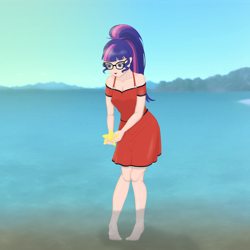 Size: 4096x4096 | Tagged: safe, artist:applelord, sci-twi, twilight sparkle, human, starfish, equestria girls, g4, beach, clothes, commission, dress, human coloration, looking down, solo, sundress