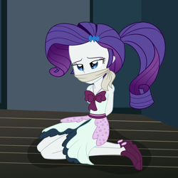 Size: 2000x2000 | Tagged: safe, artist:nie-martw-sie-o-mnie, part of a set, rarity, human, equestria girls, g4, rarity investigates, bondage, bound and gagged, cloth gag, female, femsub, gag, hands behind back, kneeling, rarisub, show accurate, solo, submissive